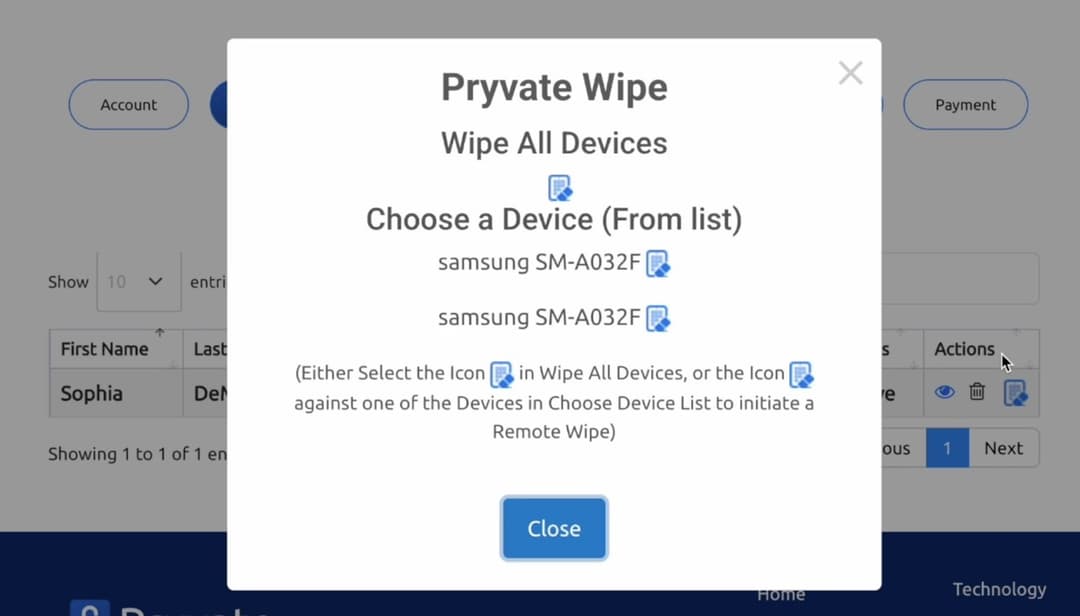 Pryvate SME Portal — Remote Wipe device selection